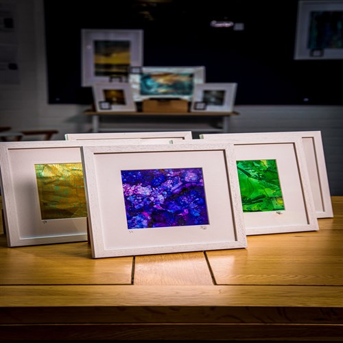 Small original framed colourful and bright artworks by Sammi Wilson Art at Corris Craft Centre